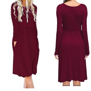 AUSELILY Women Size M Dress Long Sleeve Pleated Loose Swing Casual Burgandy